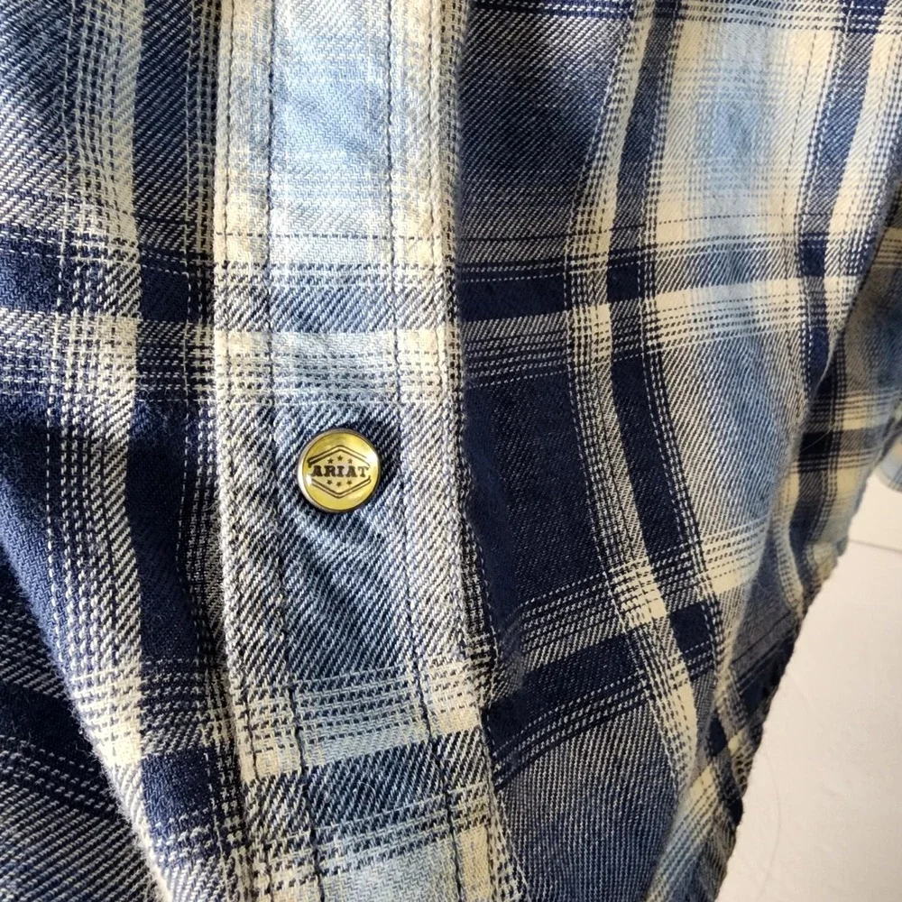 Ariat Retro Fit Plaid Western Snap Button Long Sleeve Shirt‎ L Boy Kid Blue